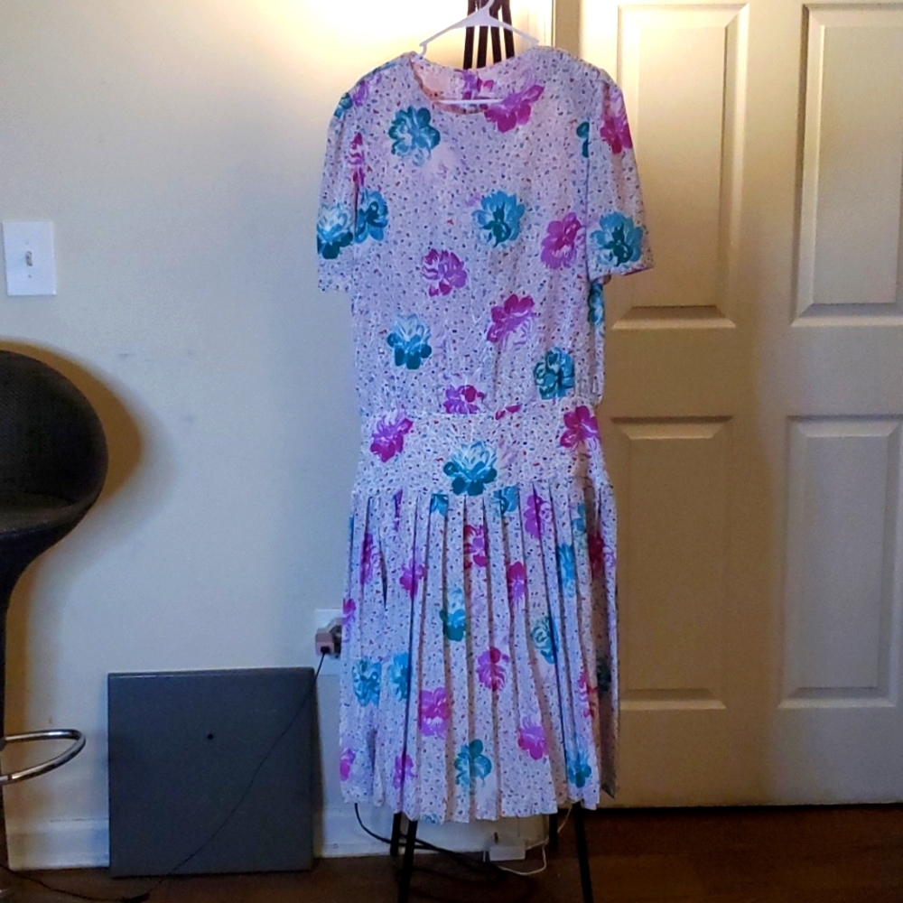 VINTAGE 1980'S LADY CAROL OF NEW YORK LOW WAIST PLEATED DRESS SIZE XX-LARGE